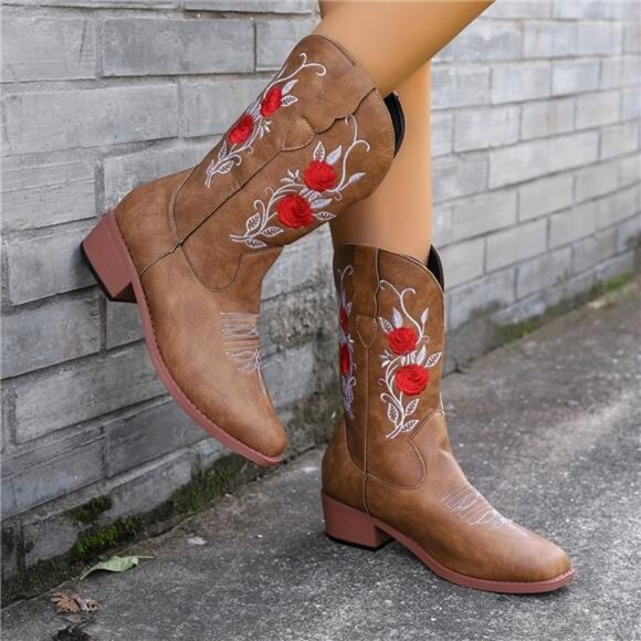 NWT Multiple Sizes Stylish Women's Embroidered Cowboy Boots Red Floral Design - Picture 7 of 9